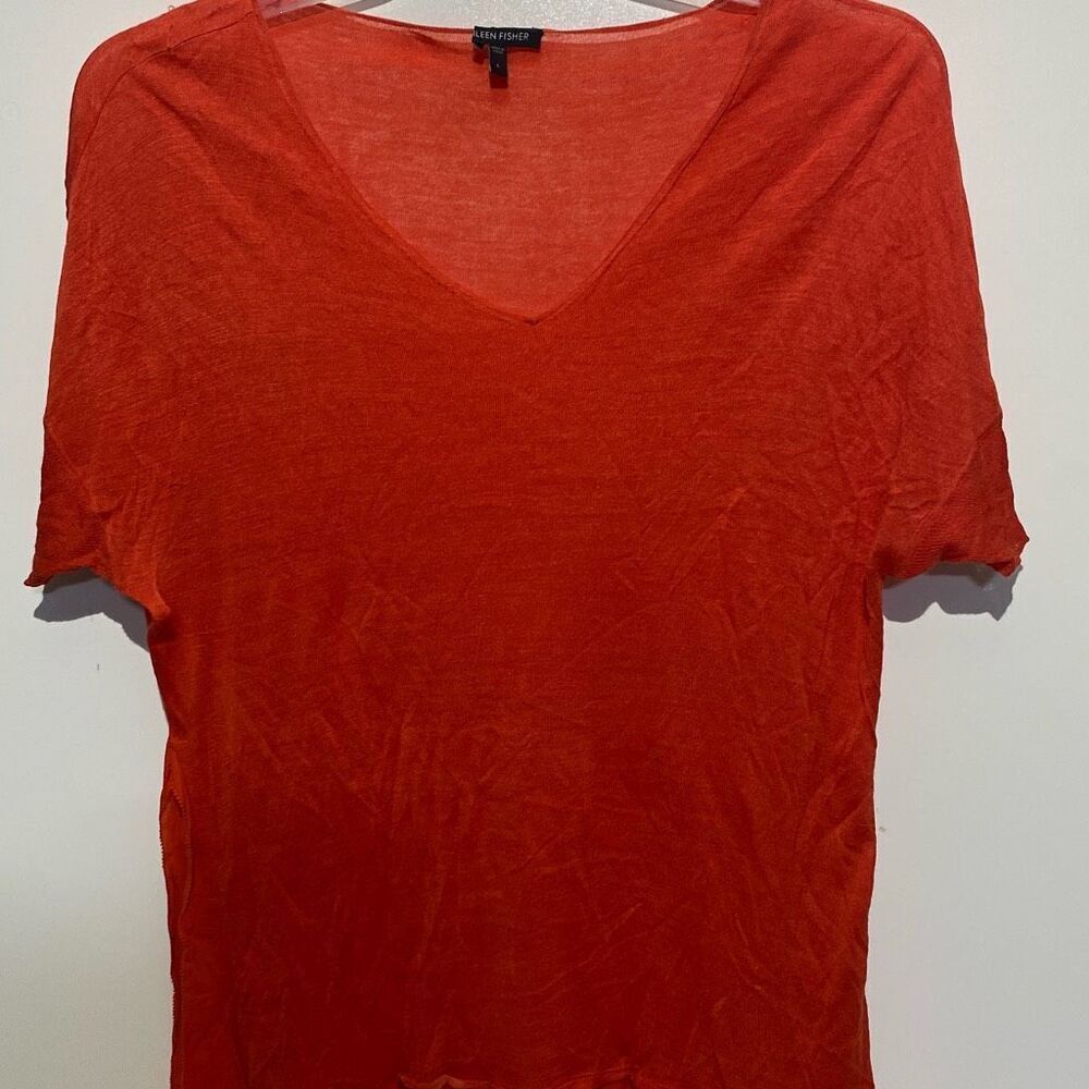 Eileen Fisher Women's Orange 100% Silk V-Neck Short Sleeve Tunic Top‎ Large